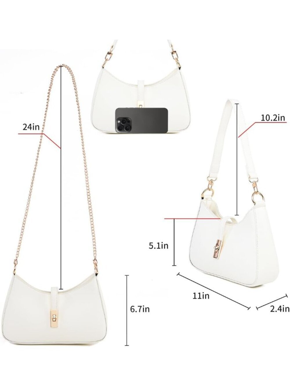 Women's White Premium Vegan Leather Twist Lock Crossbody Shoulder Bag - Picture 5 of 6